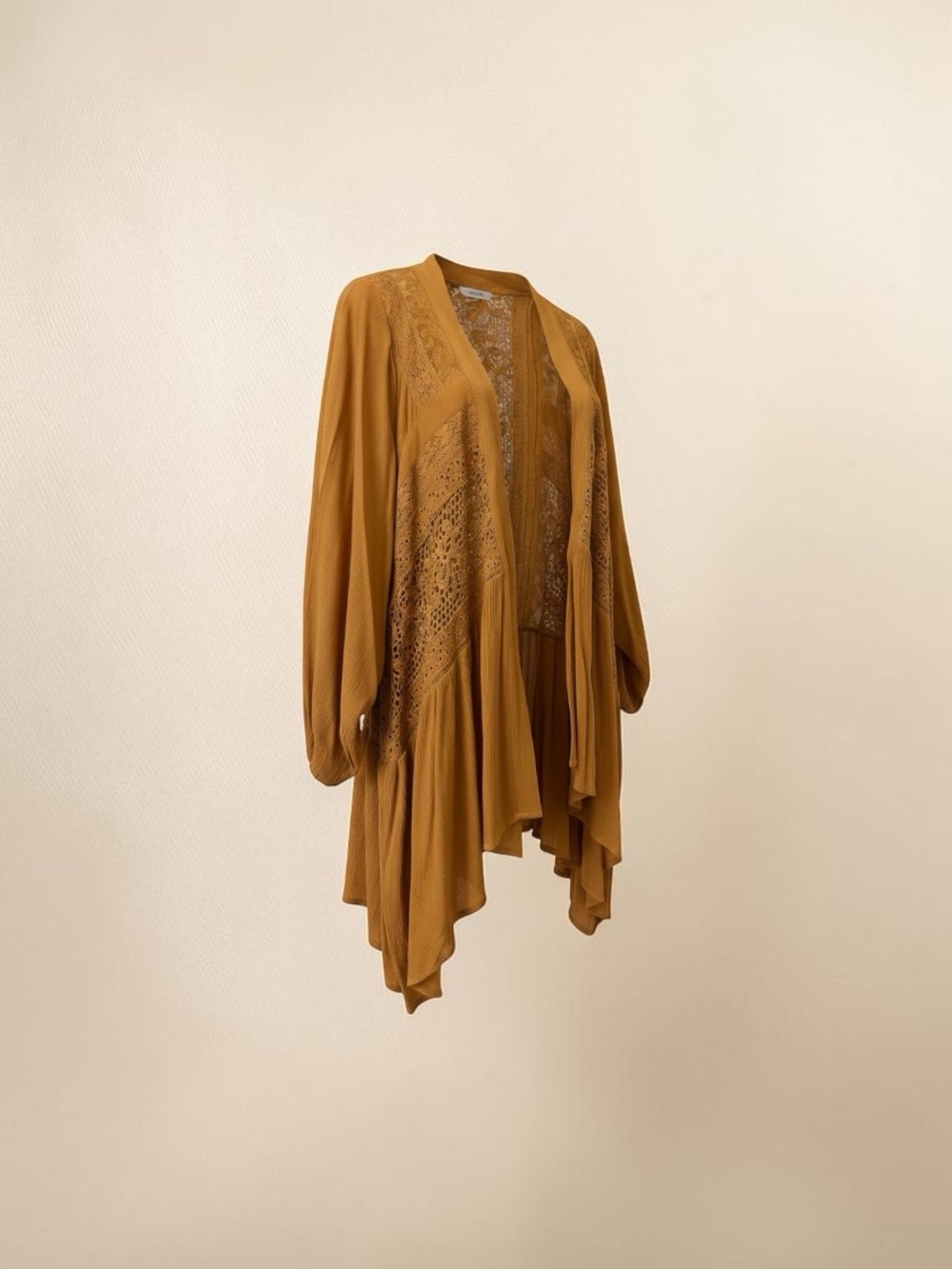 Lovestitch Mustard Lace-Panel Open Cardigan Sweater